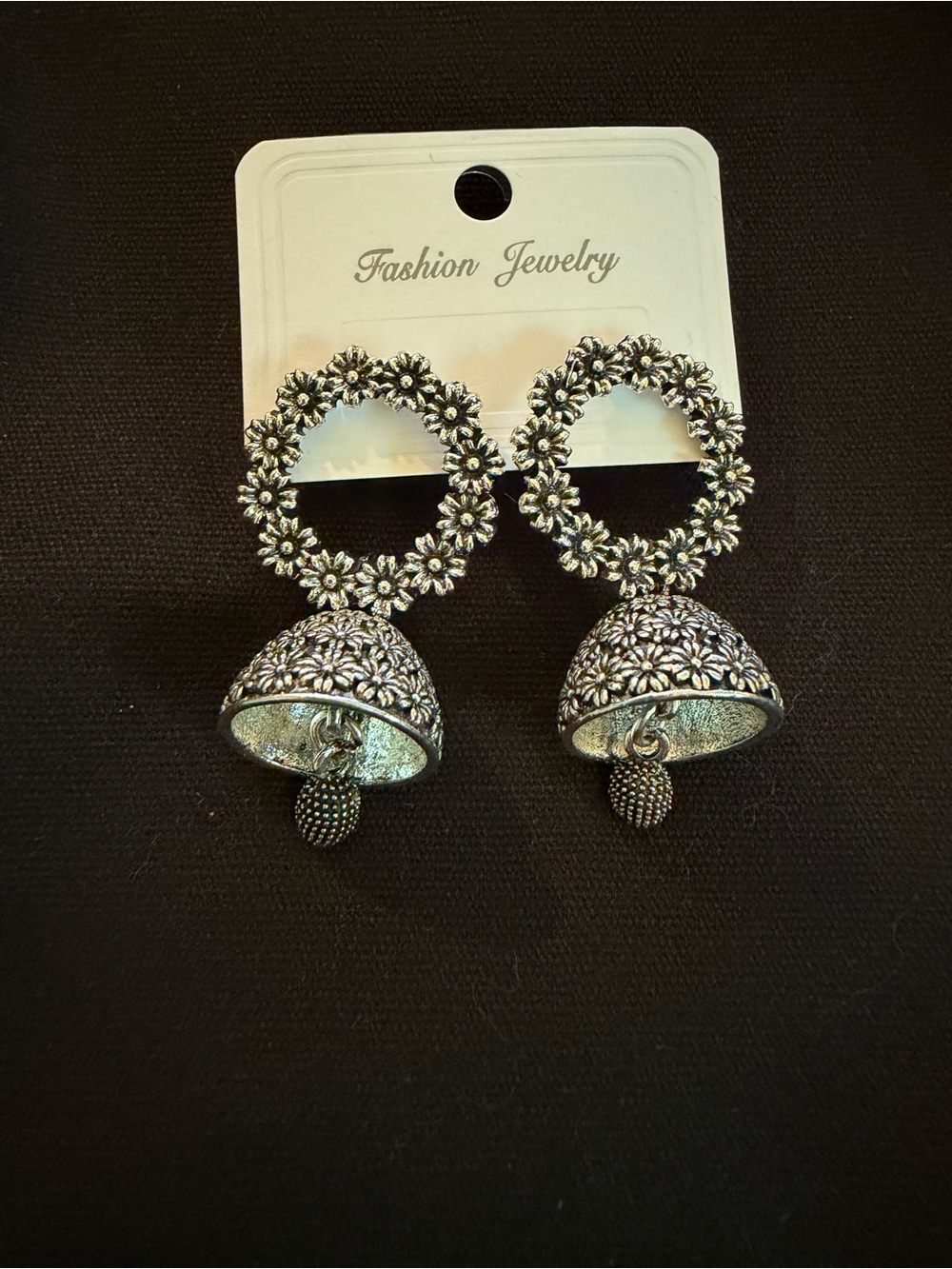 Fashion Jewelry Silver Floral Jhumka Hoop Earrings - Picture 2 of 3